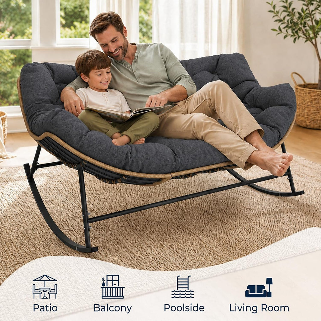 SWITTE Double Rocking Papasan Chair Outdoor, Indoor Oversized Wicker Egg Loveseat with Thick Cushion, Heavy Duty 2 Person Patio Lounge Rocker for Balcony, Porch, Indoor Bedroom, Dark Grey
