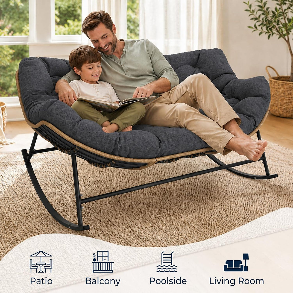 SWITTE Double Rocking Papasan Chair Outdoor, Indoor Oversized Wicker Egg Loveseat with Thick Cushion, Heavy Duty 2 Person Patio Lounge Rocker for Balcony, Porch, Indoor Bedroom, Dark Grey