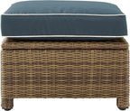 Crosley Furniture Bradenton Wicker Outdoor Ottoman Foot Rest for Patio, Deck, Porch, Brown with Navy Cushions
