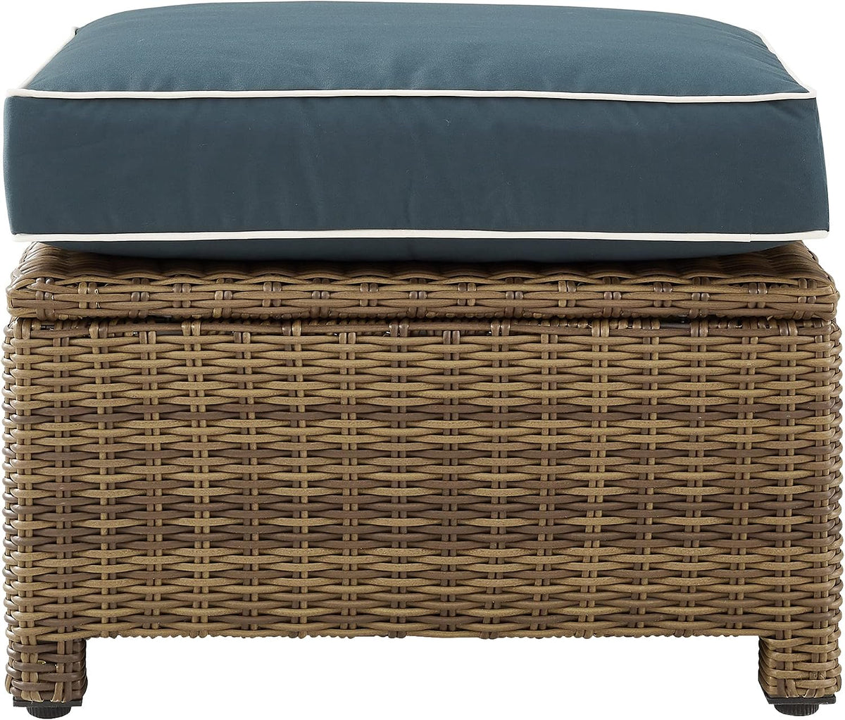Crosley Furniture Bradenton Wicker Outdoor Ottoman Foot Rest for Patio, Deck, Porch, Brown with Navy Cushions