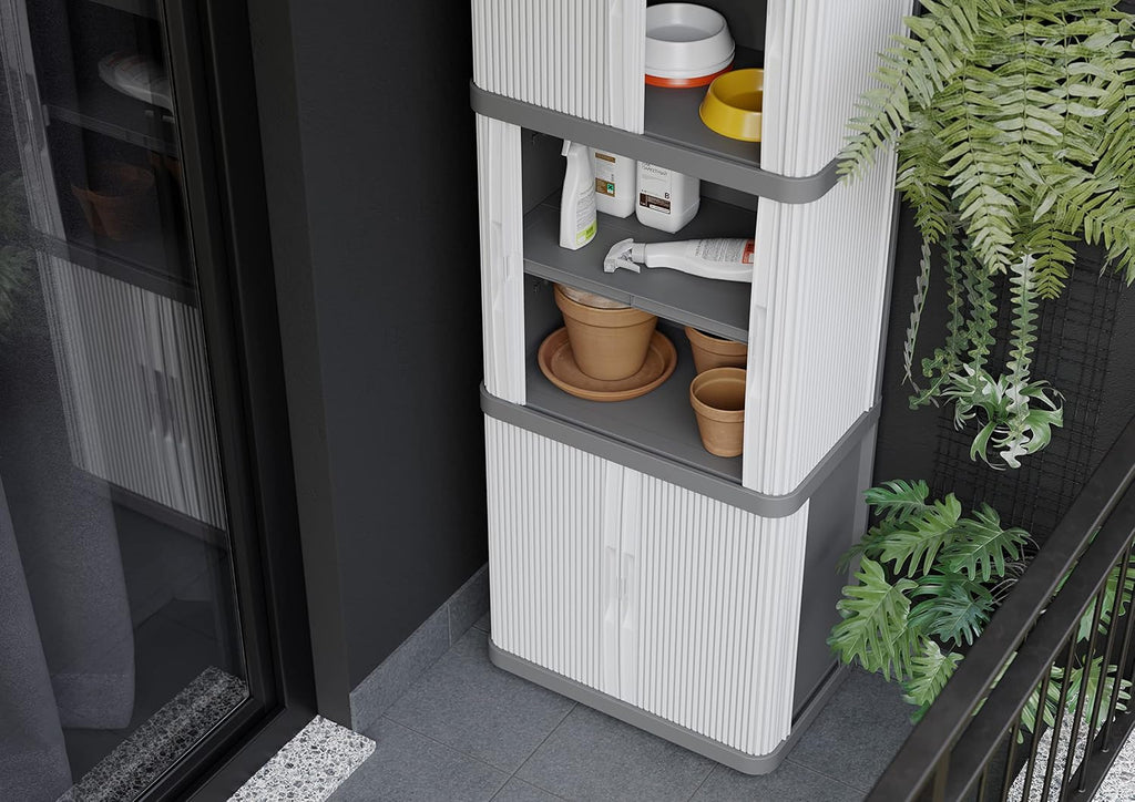 Terry, Rolling Space Cab 2, Indoor and Outdoor 2-Compartment Cabinet with Two Sliding Doors, 2 Adjustable Internal Shelves, Grey, in Recycled Plastic, Dimensions: 59x36x115 cm