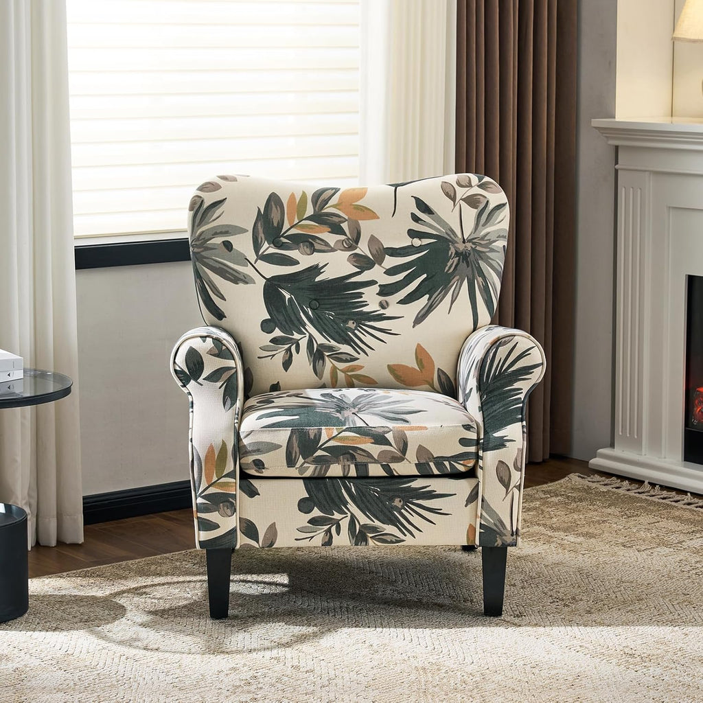 YOLENY Mid Century Wingback Arm Chair, Modern Upholstered Fabric High Back Accent Chair with Wood Legs, Upholstered Single Sofa Club Chair for Living Room, Bedroom, Home Office, Grey Green Leaves