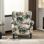 YOLENY Mid Century Wingback Arm Chair, Modern Upholstered Fabric High Back Accent Chair with Wood Legs, Upholstered Single Sofa Club Chair for Living Room, Bedroom, Home Office, Grey Green Leaves