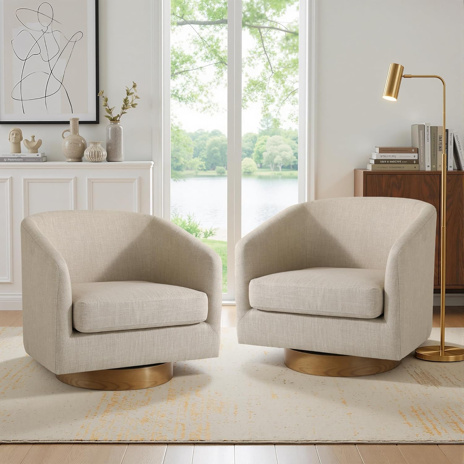Swivel Barrel Accent Chairs Set of 2, Fabric Upholstered Armchair for Living Room, Comfy Bedroom Reading Seat, Light Brown