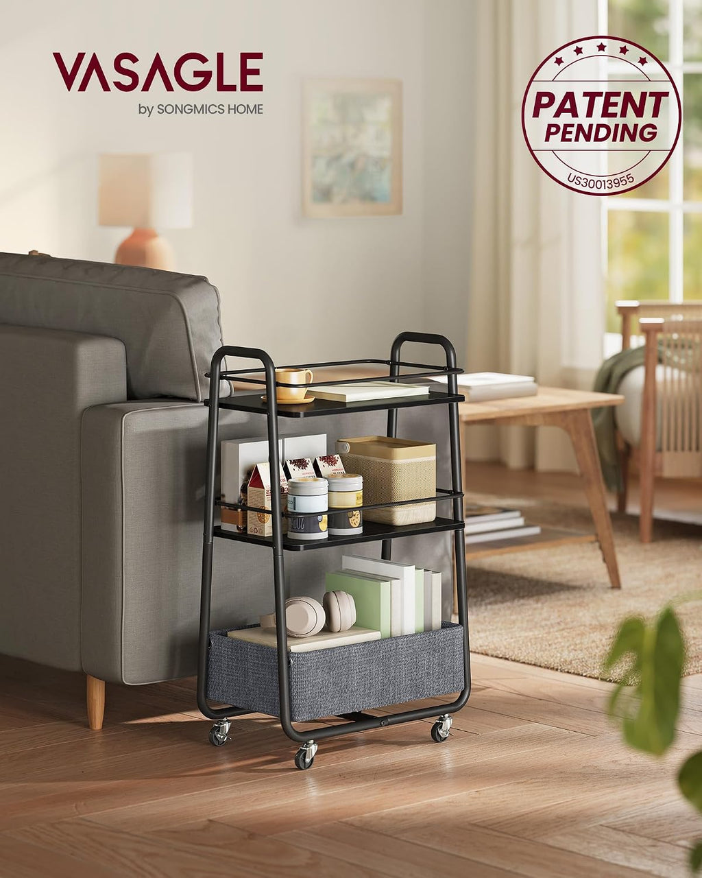 VASAGLE LILEA Collection - Storage Cart with Fabric Basket, 3-Tier Rolling Utility Cart with Wheels and Shelves, for Living Room Bedroom Kitchen, Ebony Black and Slate Gray ULRC001BE02