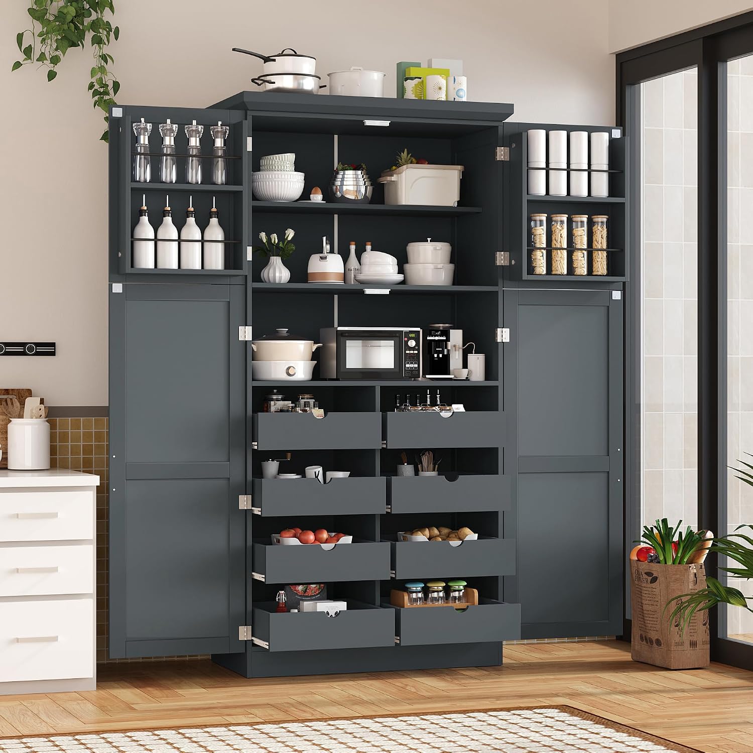 Polibi Freestanding Pantry Cabinet 35.5"x17.6"x70.9", Tall 4-Door Kitchen Storage with 8 Pull-Out Trays, 2 Door Shelves & Adjustable Shelf, for Dining Room (Gray)