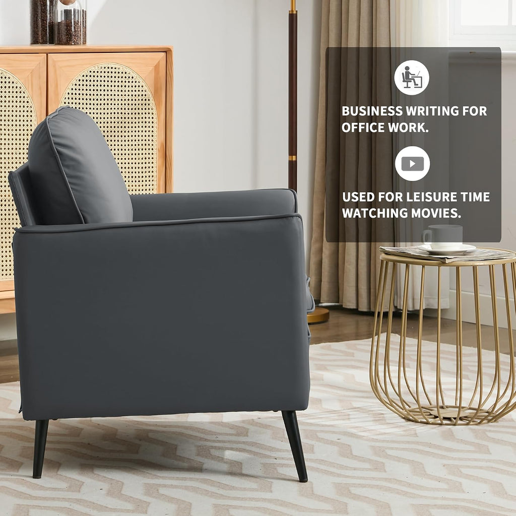 YISHENG Mid-Century Modern Living Room Accent Chairs Set of 2 - Oversized Faux Leather Armchairs with Removable Cushions & Metal Legs, Comfortable Sofas for Office/Lounge/Bedroom/Reception,Gray