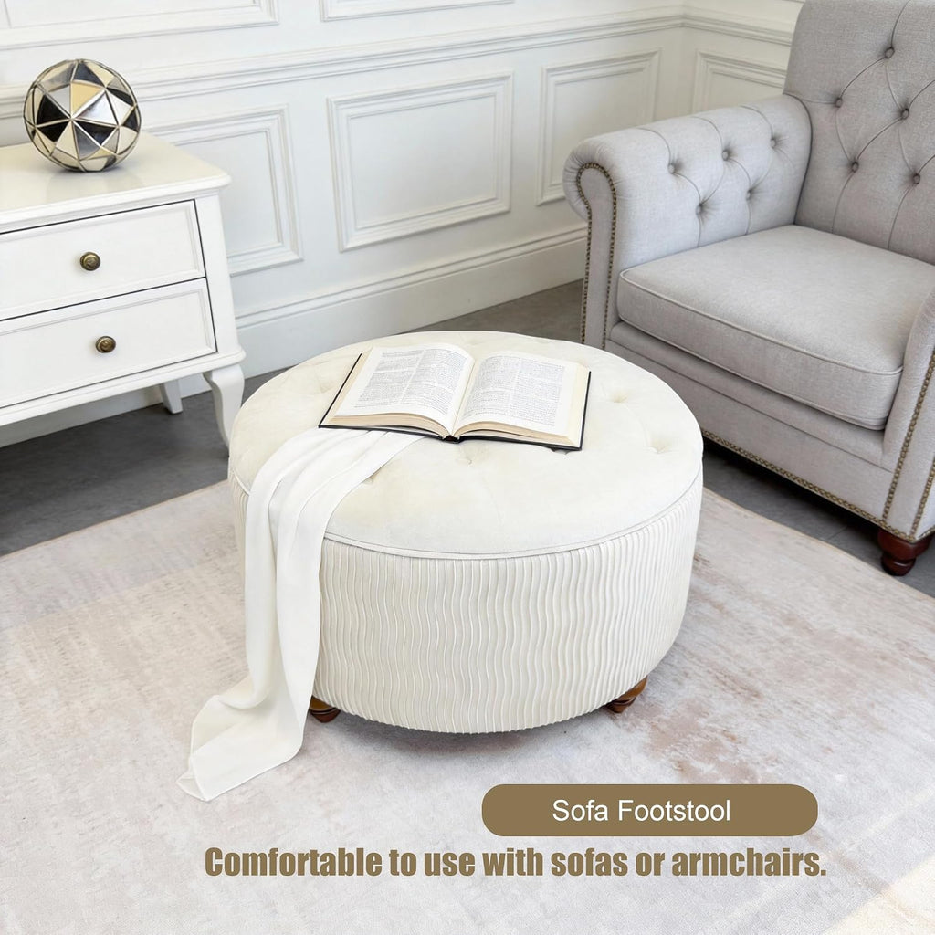 modscape 30 inch Round Storage Ottoman Coffee Table with Lift Off Lid | Modern upholstered ottoman perfect for coffee table, footrest,extra seat. Large hidden storage for living room, bedroom