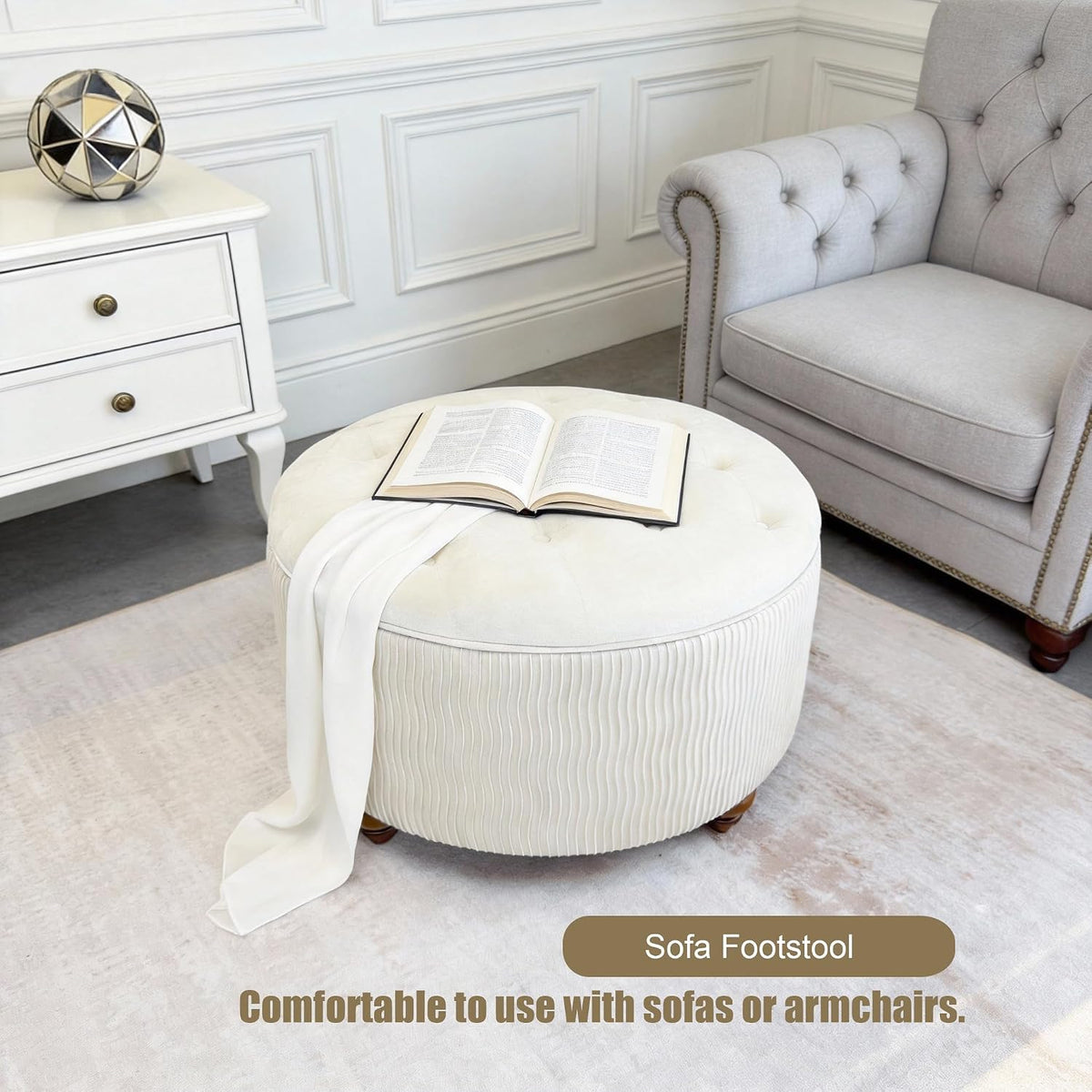modscape 30 inch Round Storage Ottoman Coffee Table with Lift Off Lid | Modern upholstered ottoman perfect for coffee table, footrest,extra seat. Large hidden storage for living room, bedroom