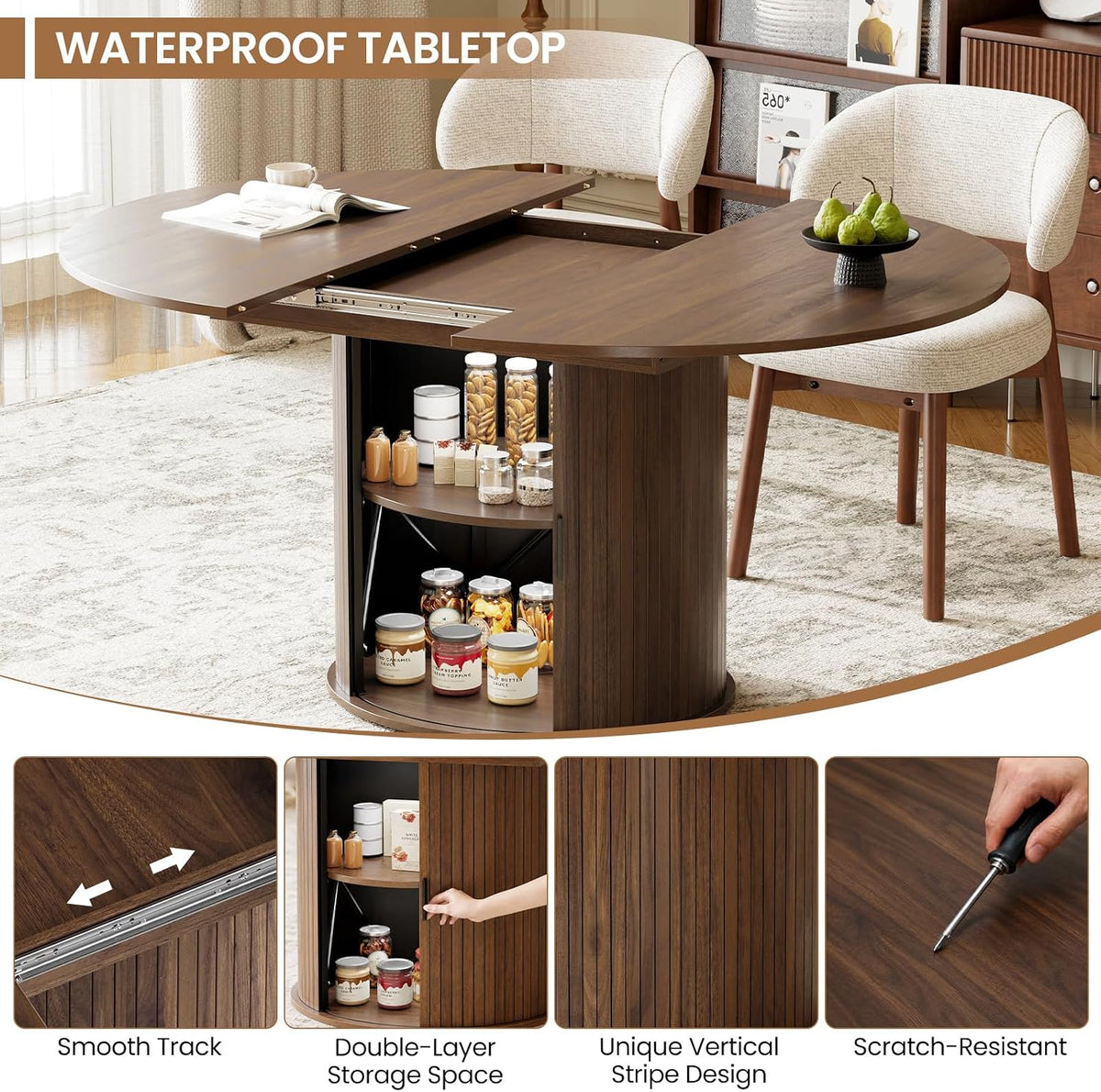 MALOL 47"-63" Extendable Round to Oval Dining Room Table Chairs Set for 4-8, Modern Wooden Kitchen Table and Chairs with Hidden Storage and Fluted Design for Dining Room/Small Space(Walnut and Beige)