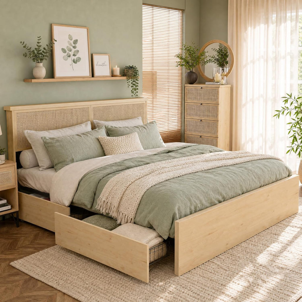 Yechen Queen Bed Frame with Natural Rattan Headboard and Wooden 4 Storage Drawers, Metal Platform with Strong Wooden Slats Support, Boho Cane Bed Mattress Foundation, No Box Spring Needed