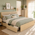 Yechen Queen Bed Frame with Natural Rattan Headboard and Wooden 4 Storage Drawers, Metal Platform with Strong Wooden Slats Support, Boho Cane Bed Mattress Foundation, No Box Spring Needed