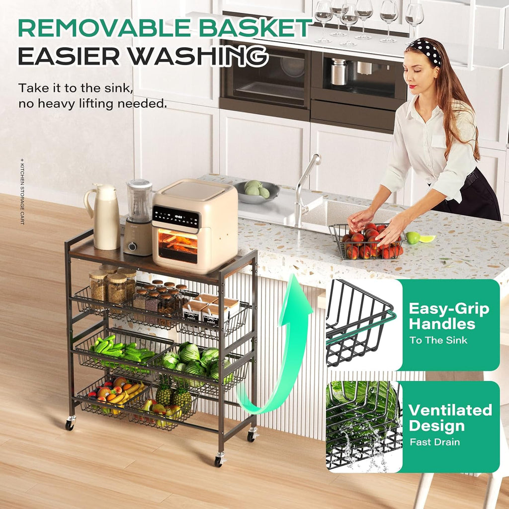 Cinati 4-Tier Utility Kitchen Cart with Wood Top, 29" W Kitchen Storage Cart with 8 Baskets & Handle, Metal Snack Cart with Wheels, Adjustable Pantry Organizer and Storage Cart for Fruit, Vegetables