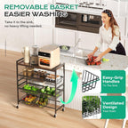 Cinati 4-Tier Utility Kitchen Cart with Wood Top, 29" W Kitchen Storage Cart with 8 Baskets & Handle, Metal Snack Cart with Wheels, Adjustable Pantry Organizer and Storage Cart for Fruit, Vegetables