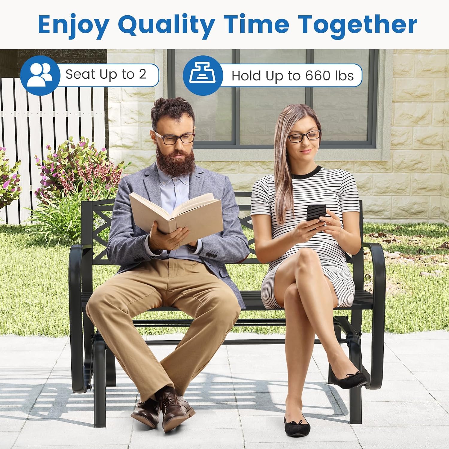 Tangkula 2-Person Outdoor Glider Bench, Rocking Loveseat Chair | Metal Frame, Armrests, Geometric Backrest, Slatted Seat, for Patio, Porch, Garden, Deck and Backyard