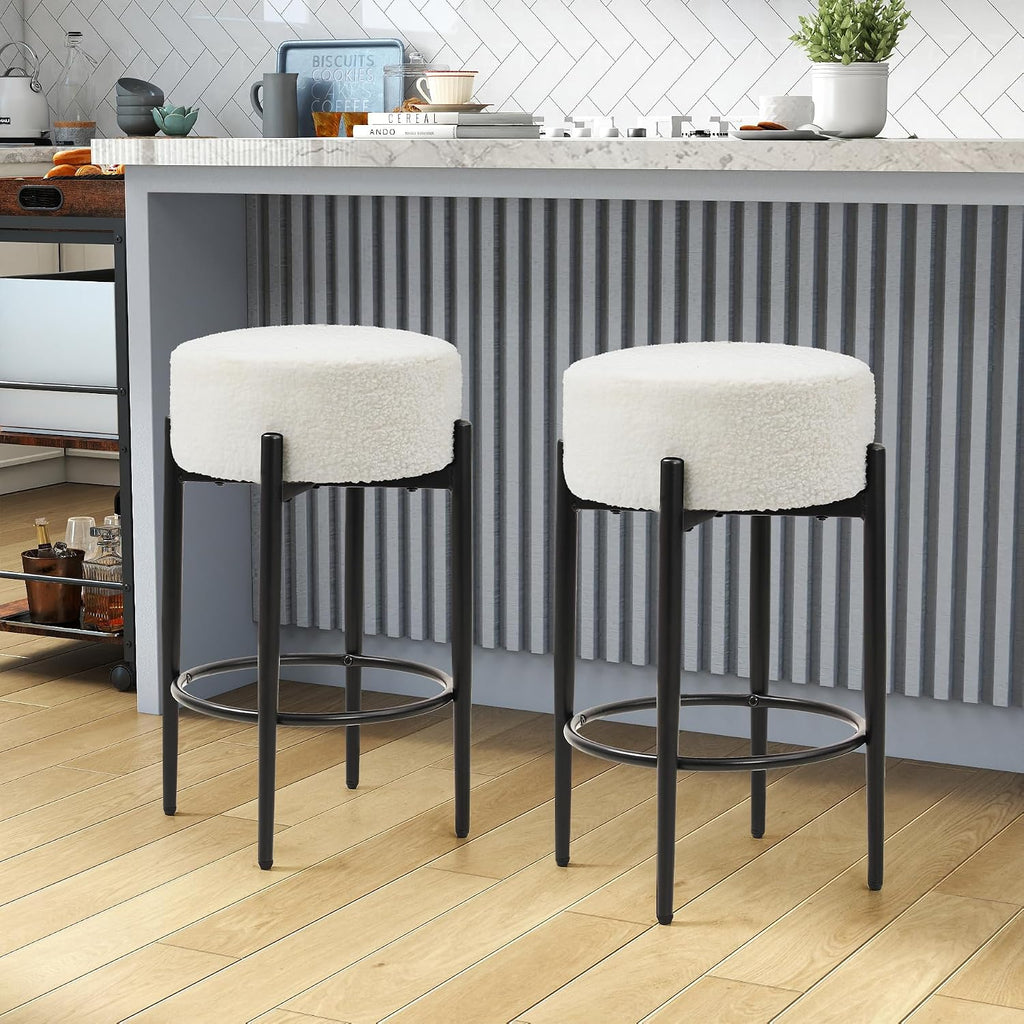 Murago Counter Height Bar Stools, Set of 2, 24" Modern Backless Bar Stools, Ideal for Kitchen Counter, Kitchen Island, Boucle Sherpa Padded Cover, with Round Soft Seat and Foot Rest, White