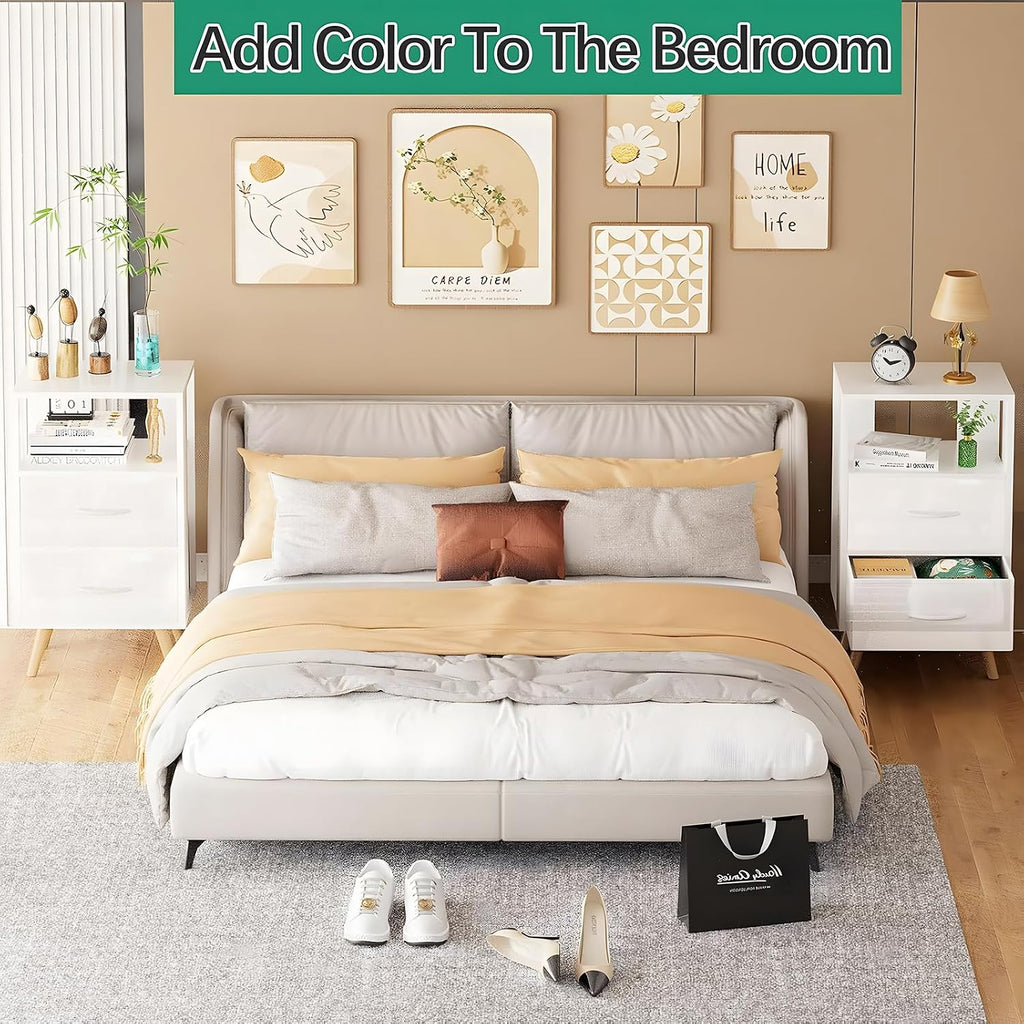 Aenuert Night Stand, White Nightstand with Fabric Drawers, Wooden Side Table with Open Storage, 3-Tier Modern End Table, Bedside Table for Small Space, Living Room, Bedroom