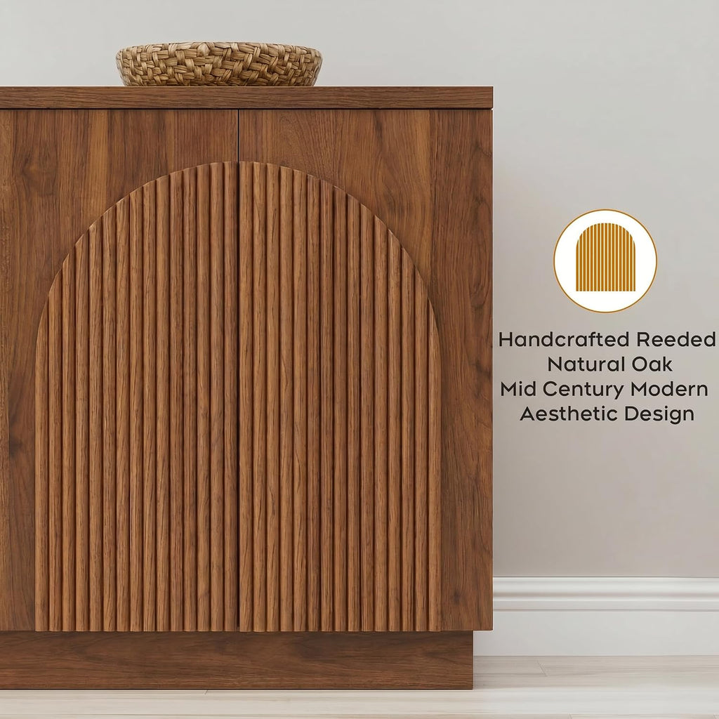 Yechen 110" Modular Fluted Sideboard Buffet Cabinet with Storage, Wood Mid Century Modern Credenza Cabinet w/Arched Reeded Doors & Adjustable Shelves for Kitchen, Living Room, Walnut