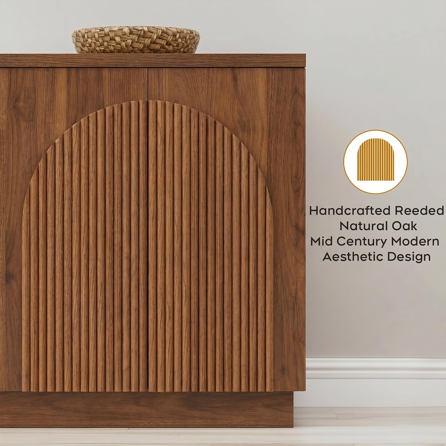 Yechen 110" Modular Fluted Sideboard Buffet Cabinet with Storage, Wood Mid Century Modern Credenza Cabinet w/Arched Reeded Doors & Adjustable Shelves for Kitchen, Living Room, Walnut