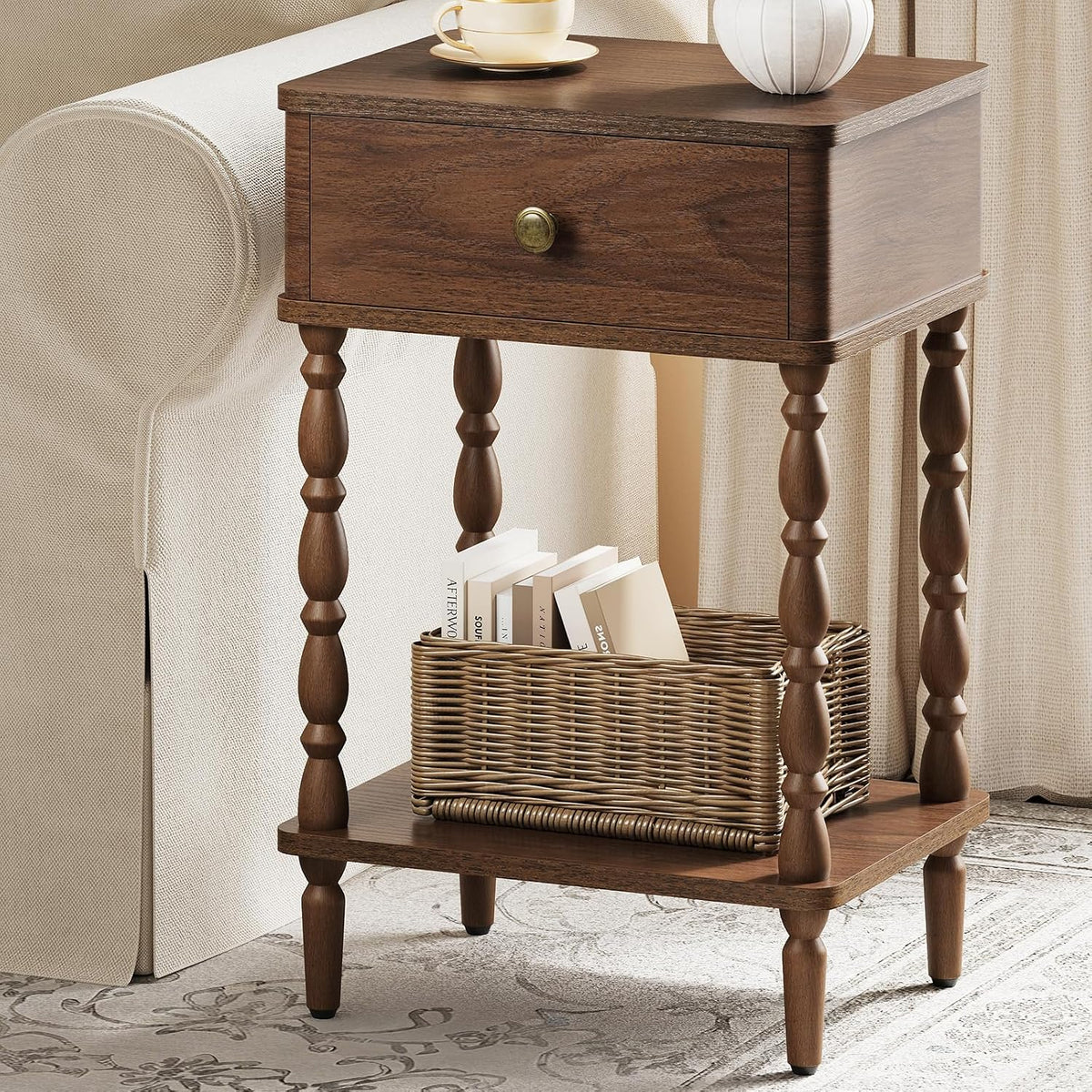 Yoobure Small Side Table with Drawer - Walnut Night Stand with Wood Legs
