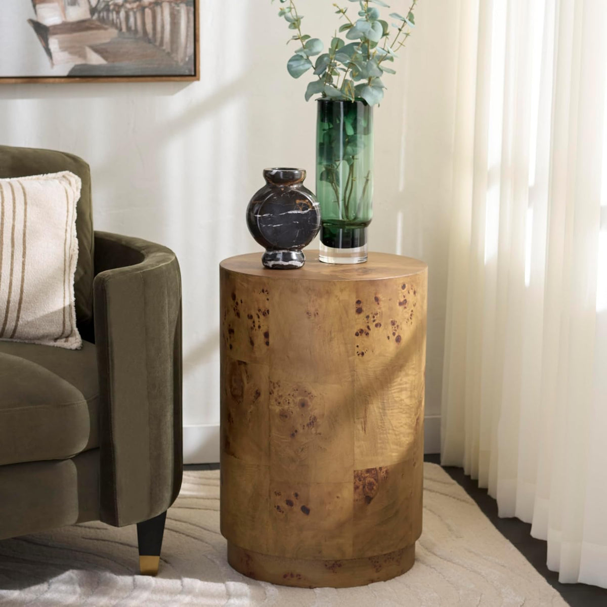 SAFAVIEH Home Collection - Siya Natural Brown Accent Table, Round Drum Side Table, Burl Wood Look, Fully Assembled (ACC6611A)