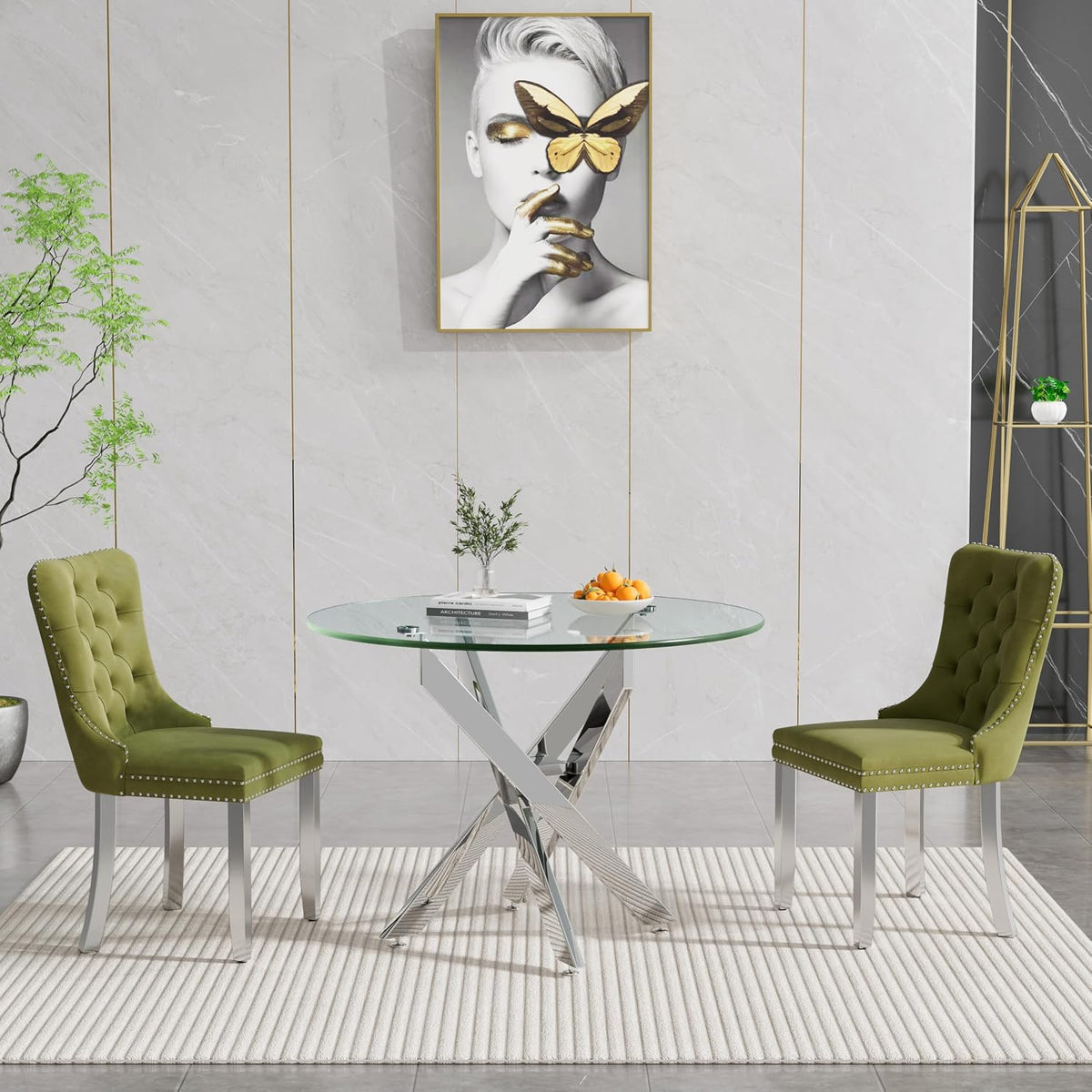 Round Glass Dining Table Set for 2, Small Kitchen Table Set for 2, 35" Round Glass Table and Olive Green Velvet Tufted Chairs Set of 2, 3 Piece Round Dining Room Table Set for Breakfast Dinette Cafe