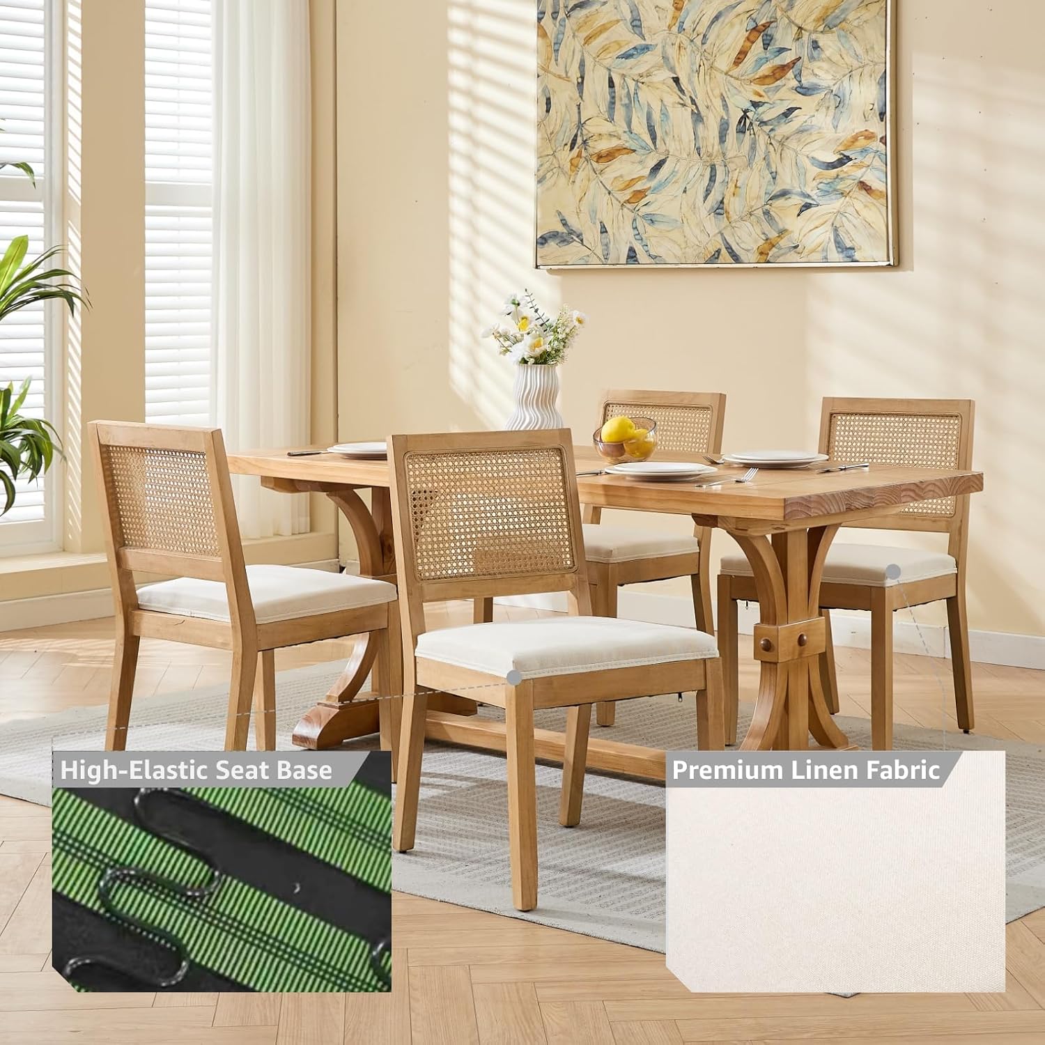 French Country Dining Chairs Set of 8, Beige Modern Kitchen & Dining Room Chairs, Rattan Dining Chair with Linen Upholstered Cushion, Low Cane Back, Wood Legs, Sillas de Comedor (Beige, 8 Pcs)