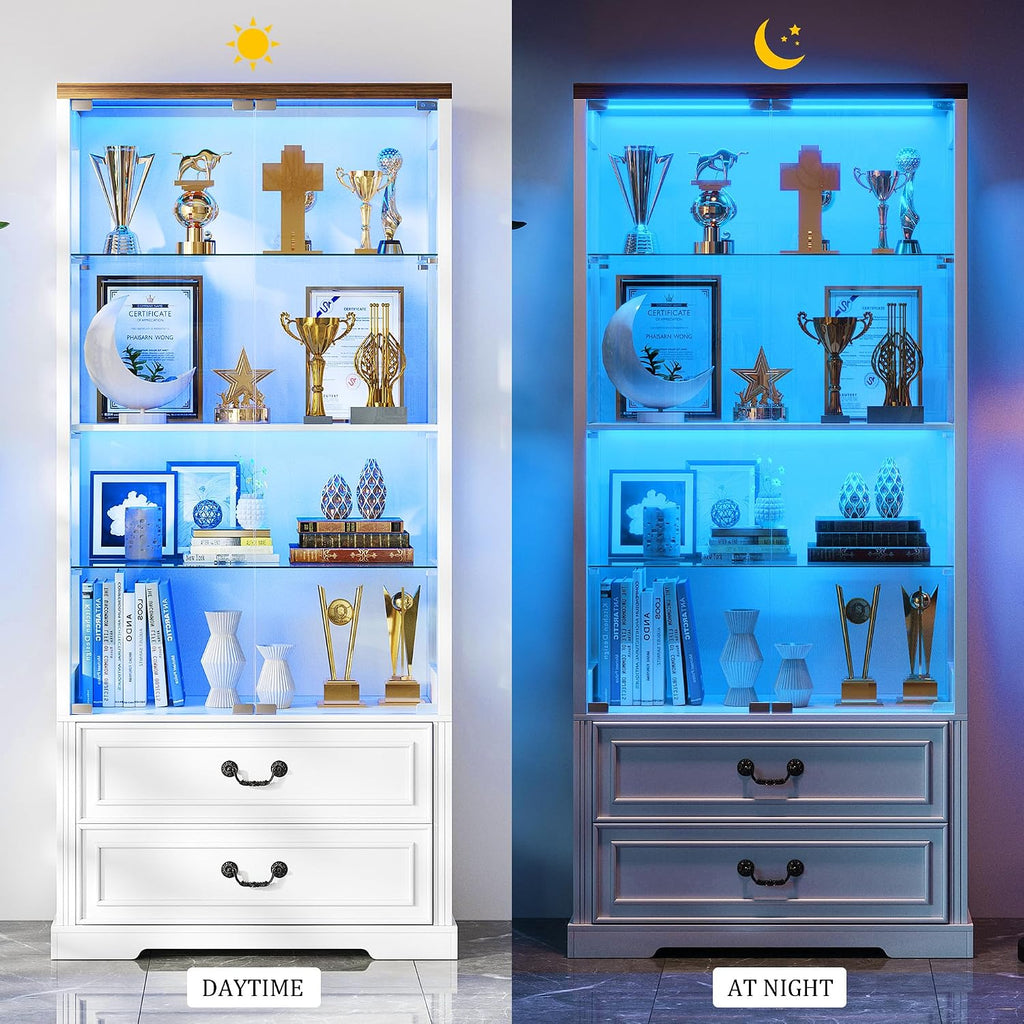 FREDEES 4-Tier Glass Display Cabinet with 2 Drawers