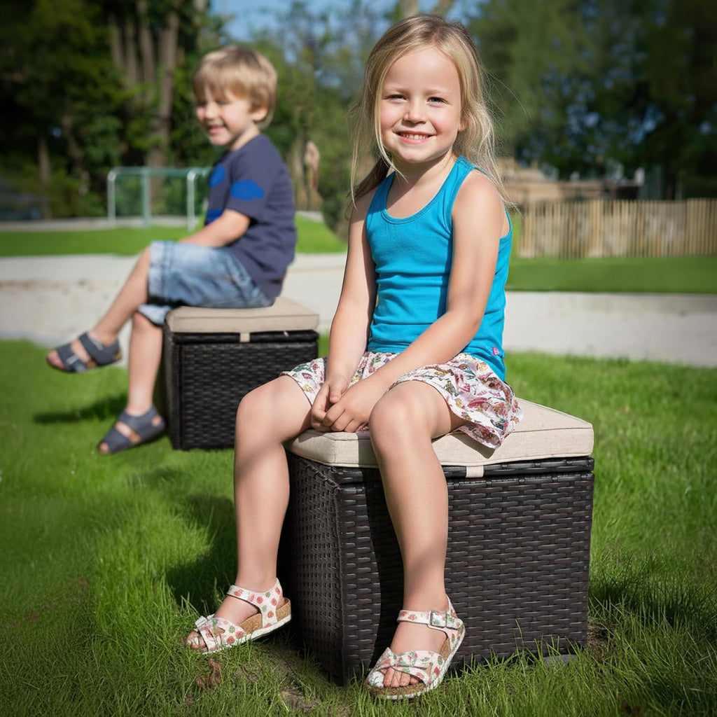 NUU GARDEN Outdoor 2 Piece Outdoor Patio Ottoman, All Weather Rattan Wicker Ottoman Seat, Outdoor Footstool Footrest Seat with Removable Cushion, for Patio, Backyard, Side Table, Black and Beige