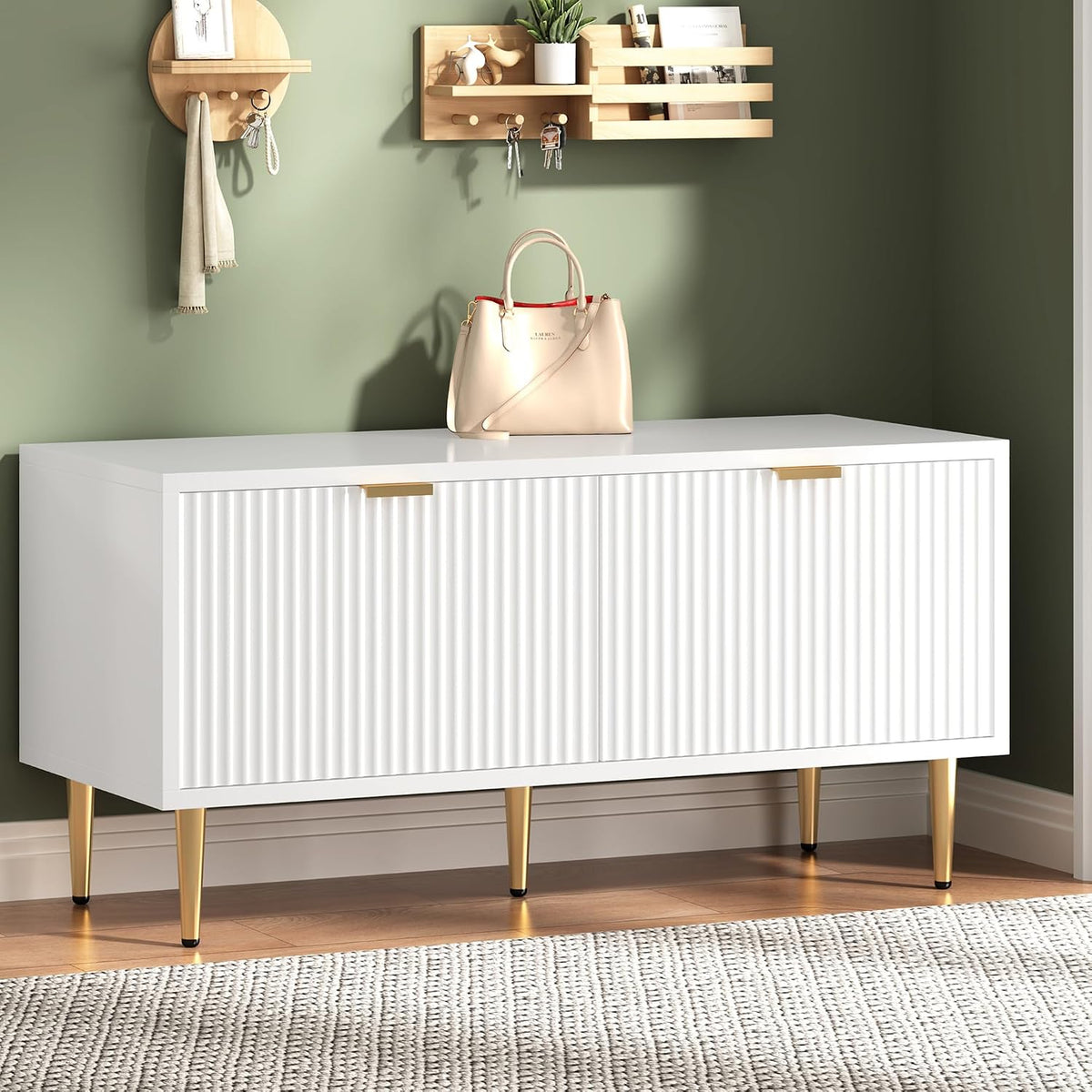 Garvee Shoe Storage Bench for Entryway, Modern Fluted Shoe Cabinet with Storage, Compact Wooden Mudroom Bench for Hallway, Foyer, Entrance, Front Door, White