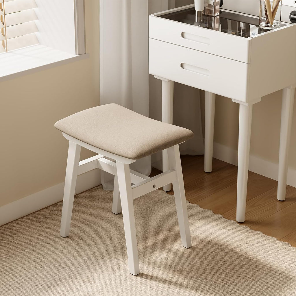 Muwuele Solid Wood Vanity Stool, Compact Makeup Chair with Saddle Cushion, Linen-Covered High Rebound Sponge Seat, Easy Assembly Footstool for Bedroom, Entryway, Home, White