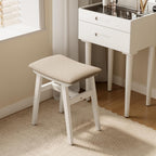 Muwuele Solid Wood Vanity Stool, Compact Makeup Chair with Saddle Cushion, Linen-Covered High Rebound Sponge Seat, Easy Assembly Footstool for Bedroom, Entryway, Home, White