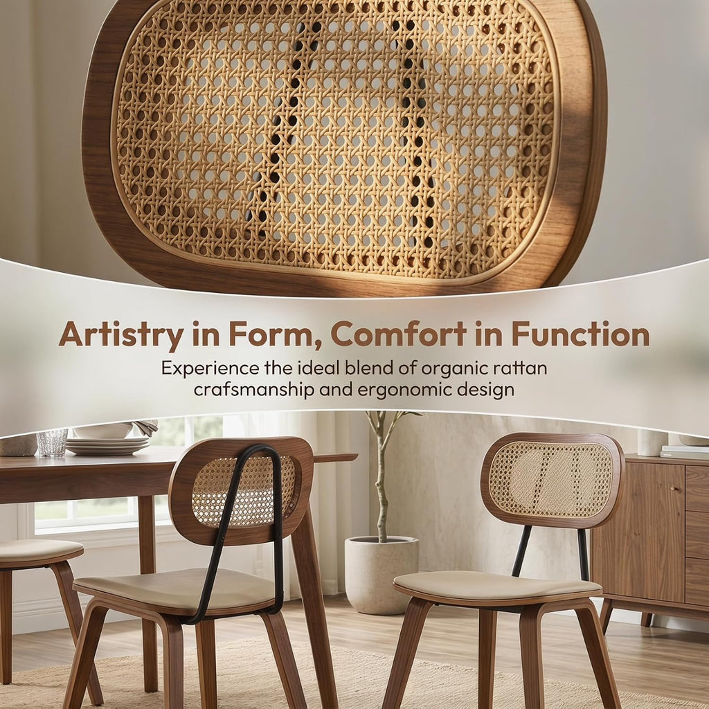 CIMOTA Mid Century Modern Dining Chairs Set of 4, Rattan Back Kitchen Chairs with Solid Wood Frame, Upholstered Faux Leather Seat, Armless Cane Dining Room Chair for Kitchen, Farmhouse, PU Beige