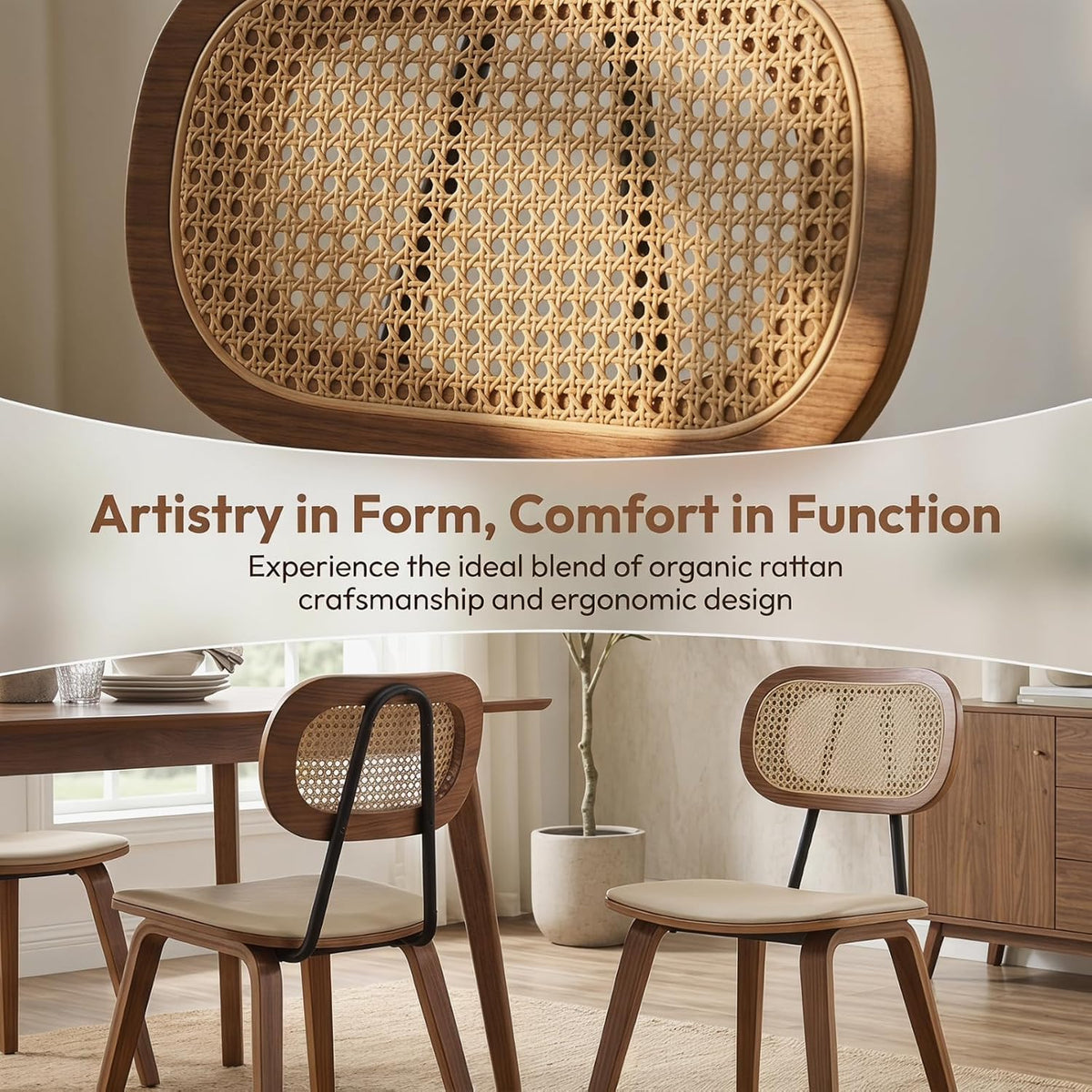 CIMOTA Mid Century Modern Dining Chairs Set of 4, Rattan Back Kitchen Chairs with Solid Wood Frame, Upholstered Faux Leather Seat, Armless Cane Dining Room Chair for Kitchen, Farmhouse, PU Beige