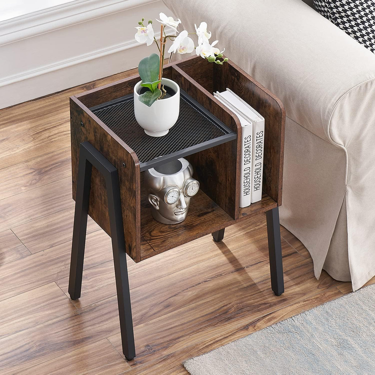VECELO Nightstand Industrial End Table,Bedside Table with 2-Tier Open Storage Shelves,Wood Side Table with Metal Frame for Bedroom, Living Room,Small Spaces