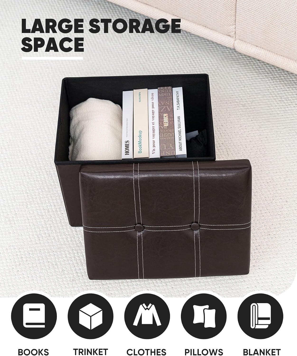 B FSOBEIIALEO Folding Storage Ottoman, 16.5" Faux Leather Ottomans, Brown | Small Ottoman Foot Rest with Padded Seat, Rectangle Coffee Table Chest Bench, for Dorm Living Room