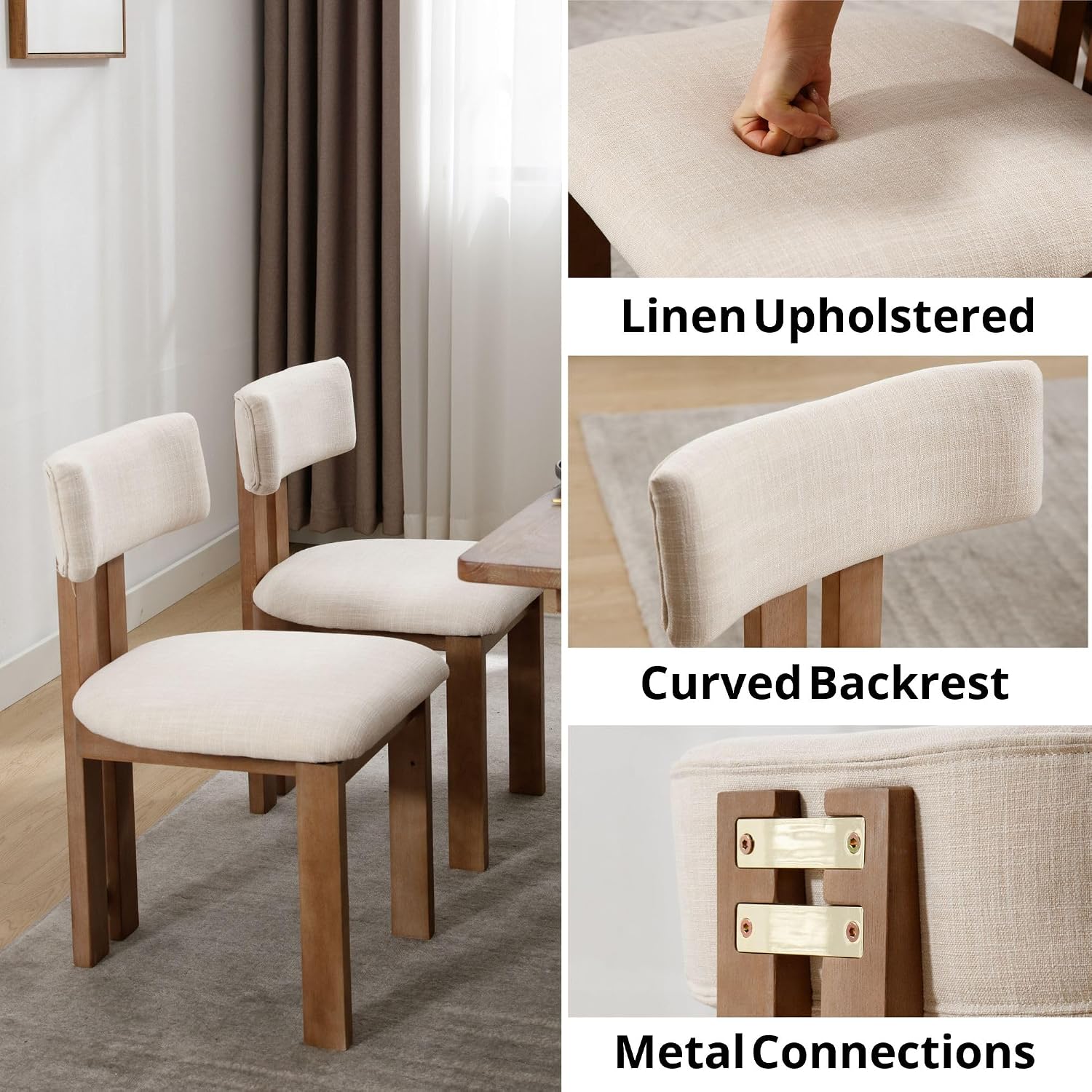 BESTANO Linen Wooden Dining Chairs Set of 4, Modern Farmhouse Dining Room Kitchen Chairs with Curved Backrest Natural Wood Legs, Armless Dining Chairs, Beige