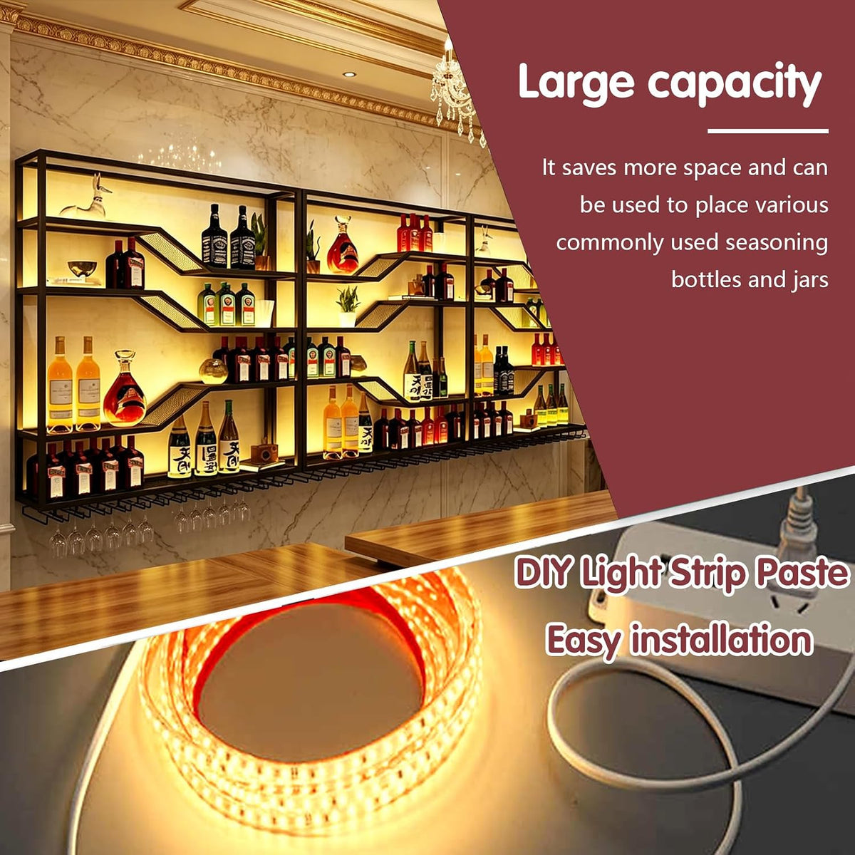 Large Wine Rack Wall Mounted with LED Light, 94in Floating Bar Shelves Glass Holder, Metal Black Liquor Bottles Storage Display Shelf for Home Bar, Dining Room, Kitchen (94.4in/240cm)