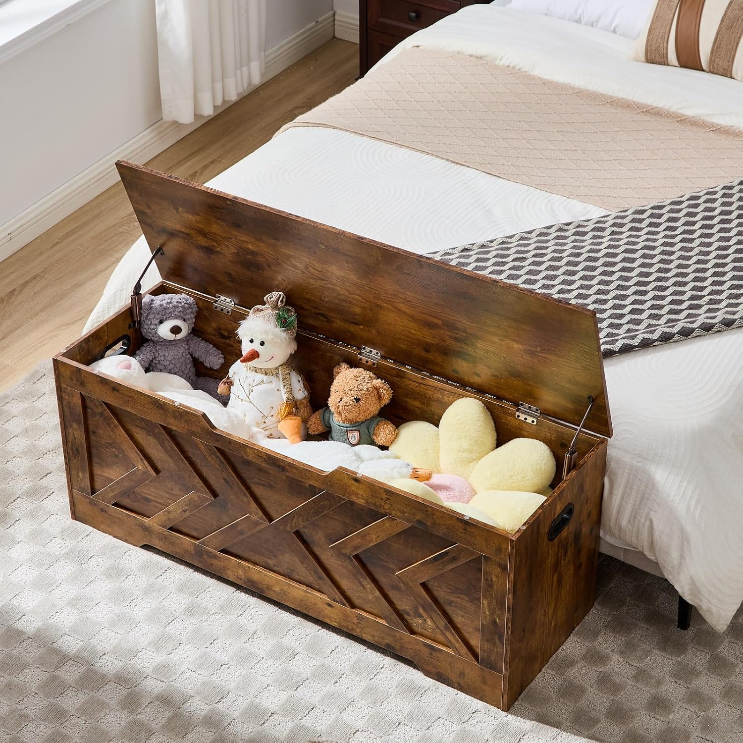 47.2” Storage Bench,Extra Large Wooden Storage Chest with 2 Safety Hinges,entryway Bench,Blanket Storage,Shoe Storage Bench for Entryway,Bedroom,Living Room,Easy Assembly.-Rustic Brown