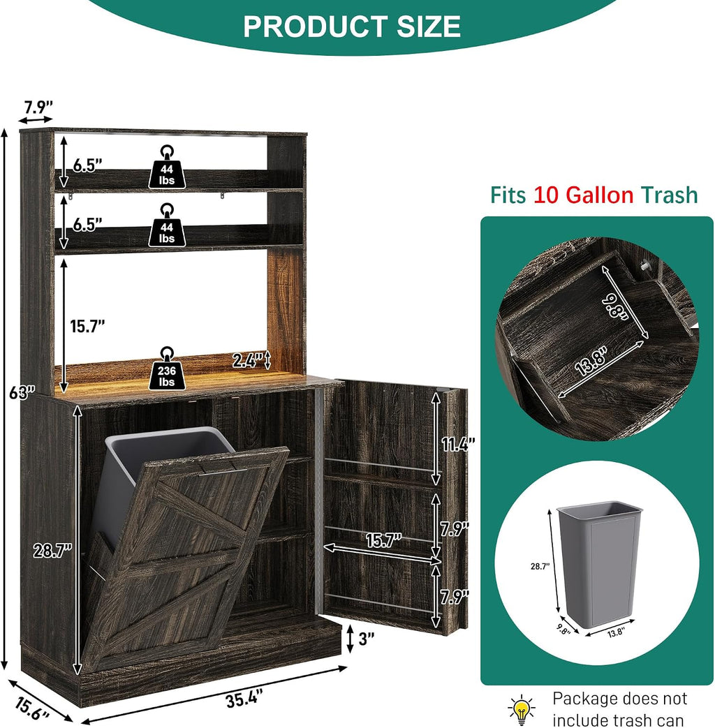 Squireewo 63" H Pantry Cabinets with 10 Gallon Trash Can,Led Light,Outlet,35" W Kitchen Hutch with Tilt Out Trash Can Cabinet,Farmhouse Cupboard with Large Countertop for Living Room, Dining Room