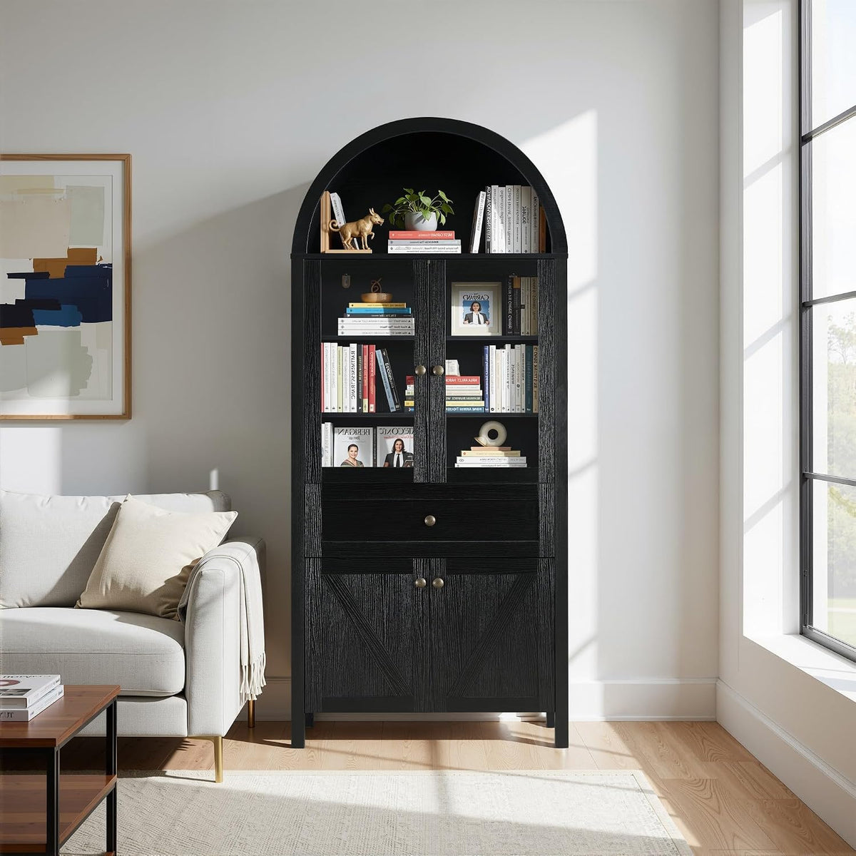 71" Tall Arched Pantry Cabinet, Modern Kitchens Storage Cabinet with Doors, Drawers and Shelves, Freestanding Cupboard for Dining Room Living Room (Black)
