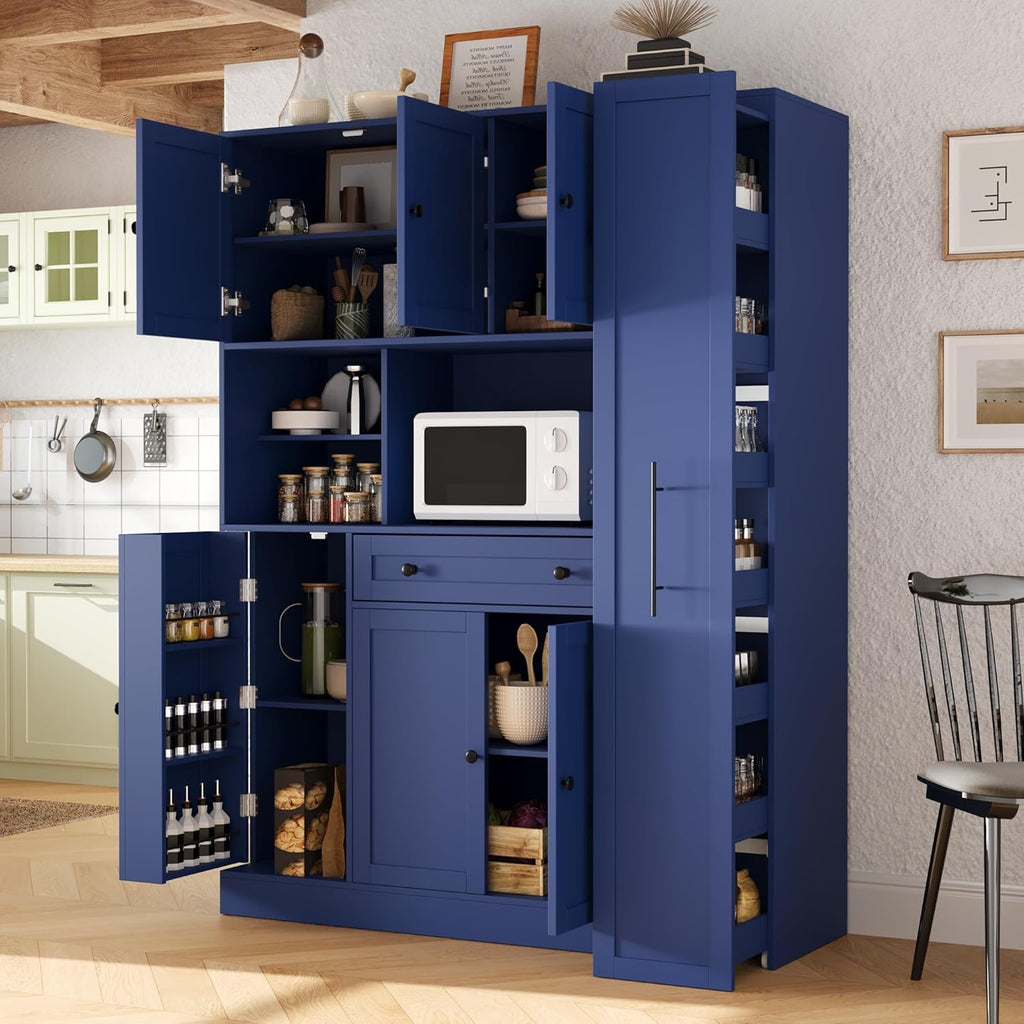 Merax 70'' Tall Traditional Freestanding Buffet with Hutch, Large Kitchen Pantry Storage Cabinet Cupboard with Pull-Out Side Cabinet, Door Shelves and Drawer, Blue