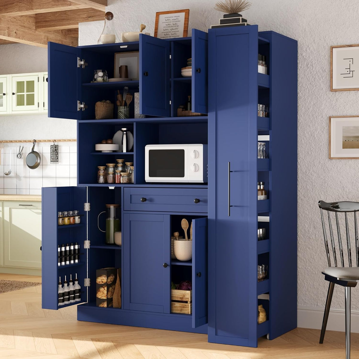 Merax 70'' Tall Traditional Freestanding Buffet with Hutch, Large Kitchen Pantry Storage Cabinet Cupboard with Pull-Out Side Cabinet, Door Shelves and Drawer, Blue