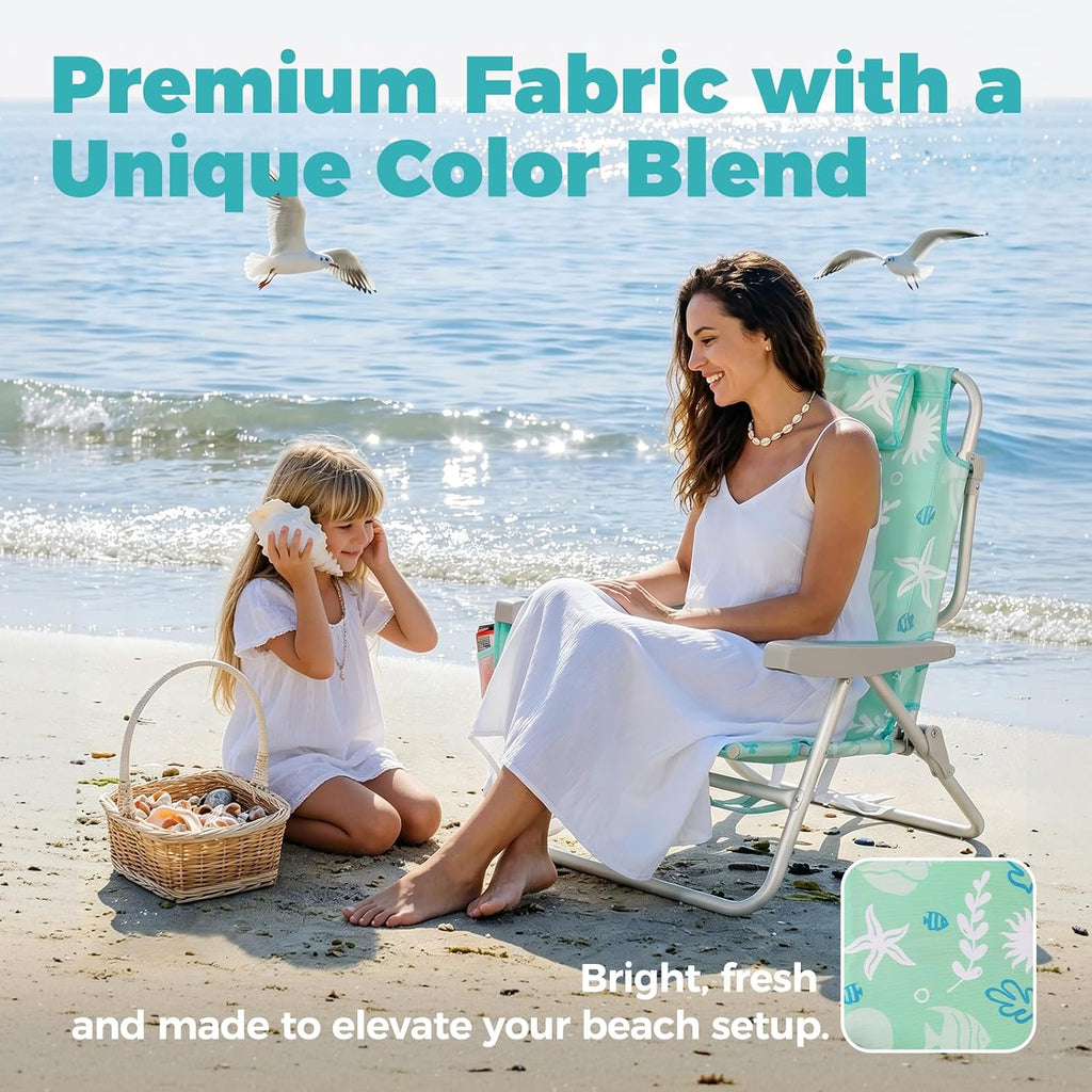 Low Beach Chairs for Adults - 5-Position Lay-Flat Backpack Chair with Large Insulated Cooler & Storage Pocket, Aluminum Frame, Portable for Travel & Outdoor, Supports 300lbs, Ocean Mint