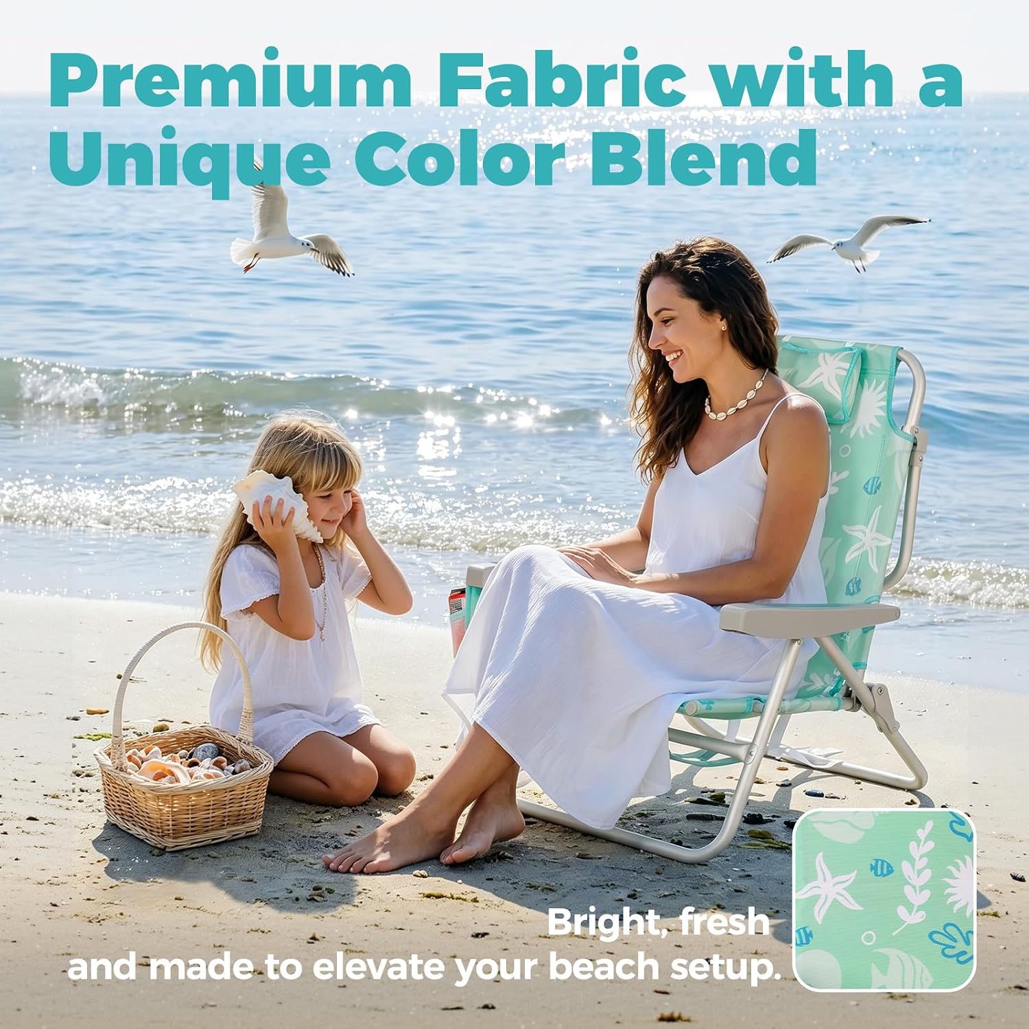 Low Beach Chairs for Adults - 5-Position Lay-Flat Backpack Chair with Large Insulated Cooler & Storage Pocket, Aluminum Frame, Portable for Travel & Outdoor, Supports 300lbs, Ocean Mint