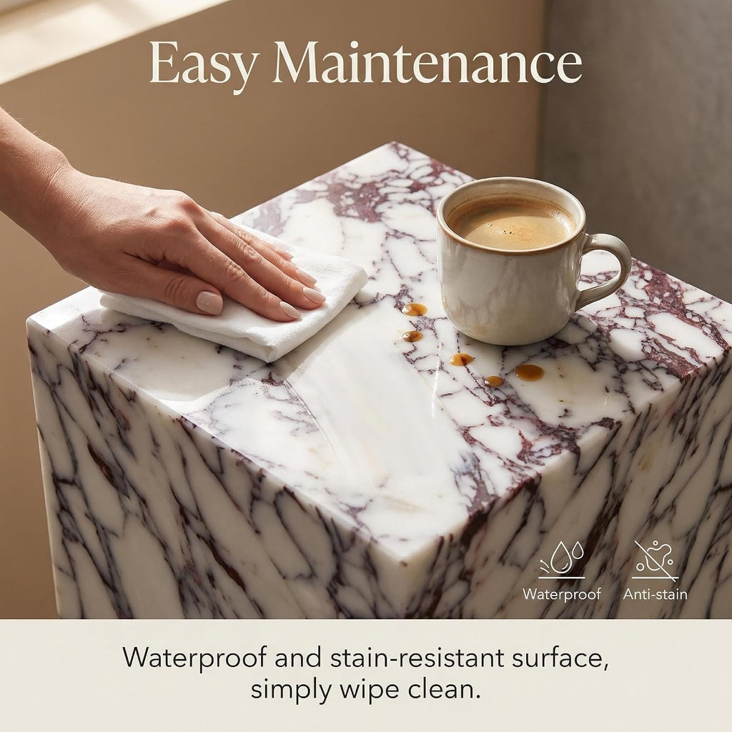 Natural Calacatta Viola Marble Side Table, 11.8" Square End Table for Living Room and Bedroom, Luxury Real Stone Nightstand, Heavy Duty Small Coffee Table, No Assembly Required, 19.6" Height