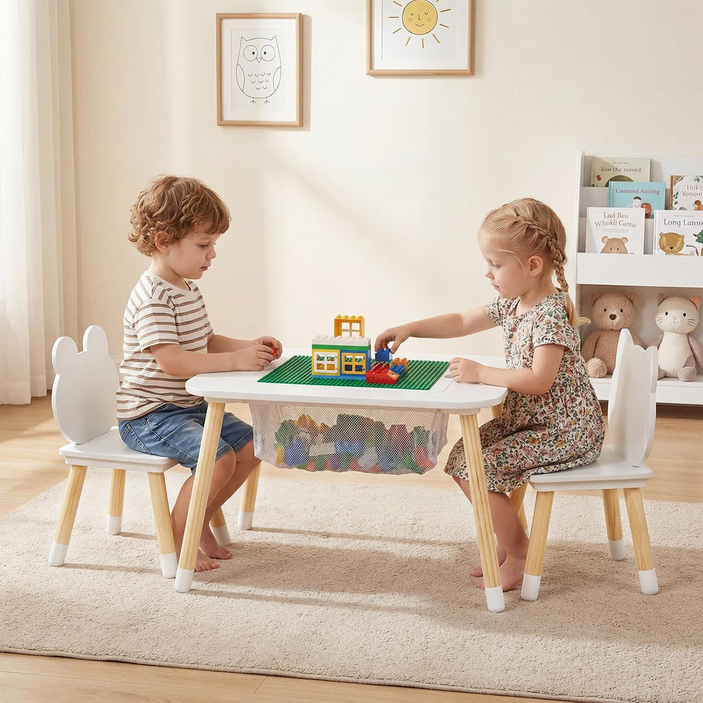Olakids Kids Table and Chair Set, 4 in 1 Wooden Building Blocks Activity Desk with Reversible Tabletop Storage Basket, Toddler Furniture for Crafts Learning Dining