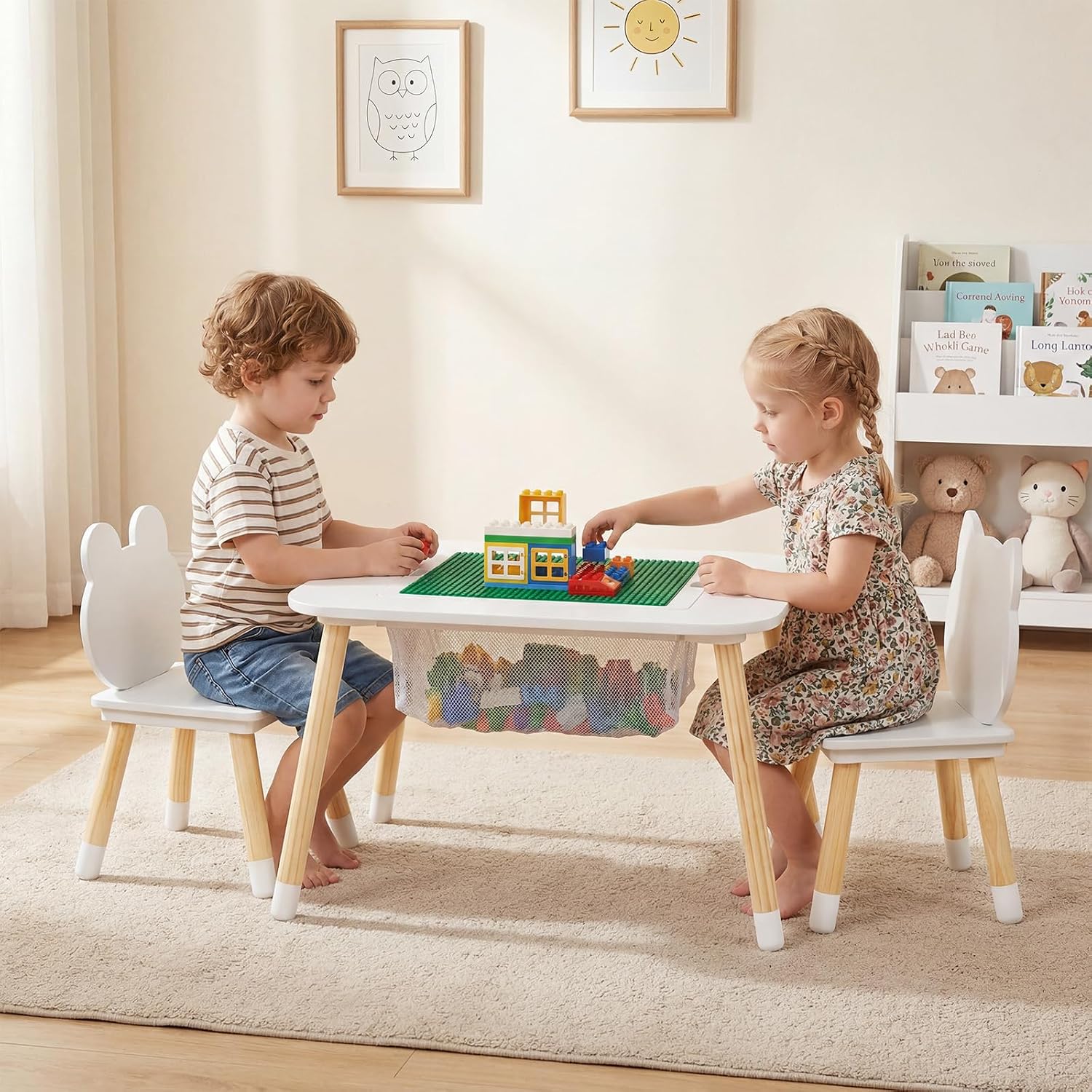Olakids Kids Table and Chair Set, 4 in 1 Wooden Building Blocks Activity Desk with Reversible Tabletop Storage Basket, Toddler Furniture for Crafts Learning Dining