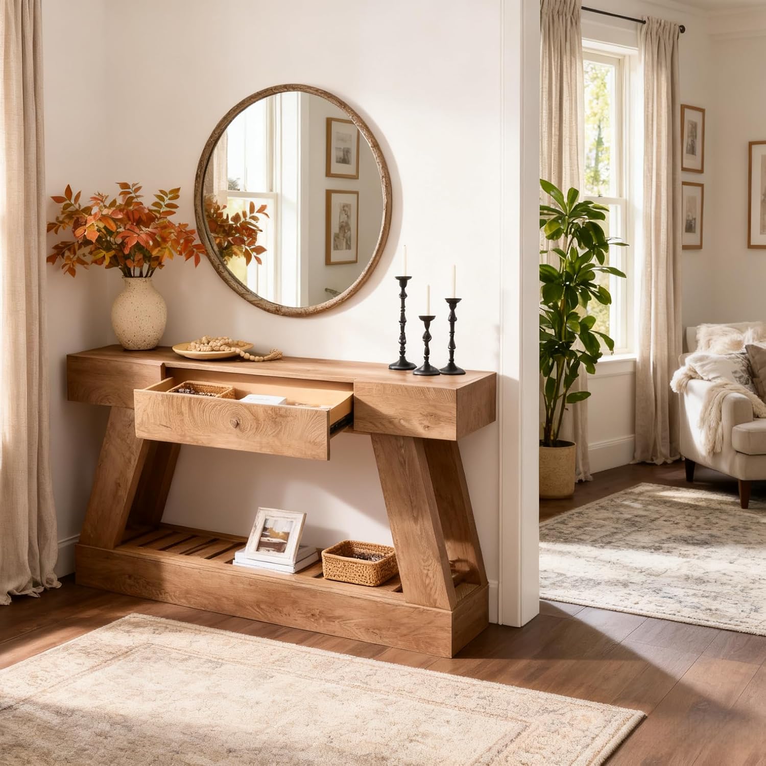 60" Farmhouse Entryway Table, Console Table with Drawer, Narrow Long Wood Sofa Table for Living Room, Wooden Hallway Foyer Table with Heavy Duty Base, Entry Table for Entrance(Light Knotty Oak)
