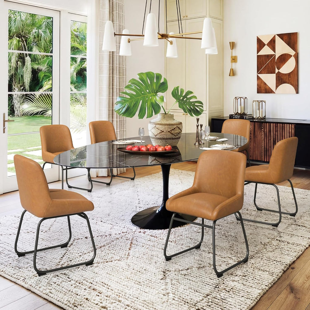 LUE BONA Comfortable Dining Room Chairs Set of 4, Modern Upholstered Kitchen Chairs with Padded Back & Thick Metal Legs, Brown PU Leather